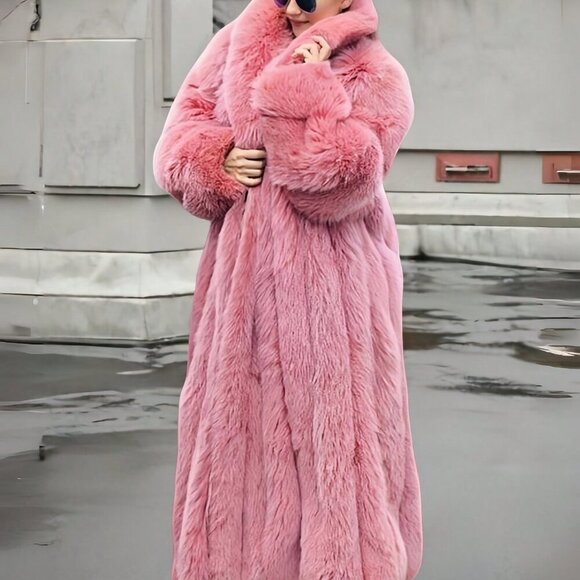 Pink Casual Womens Luxurious Waterfall Neckline Flowy Faux Fur Long Jacket Coat - Picture 6 of 8